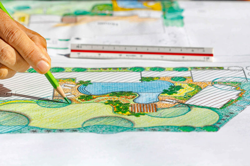 Colored landscape design drawing and plan